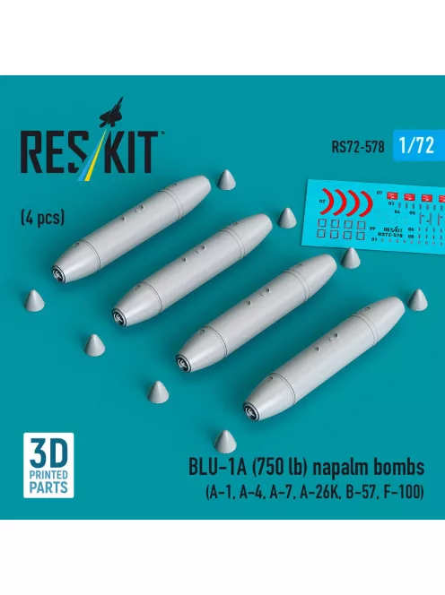 Reskit - BLU-1A (750 lb) napalm bombs (4 pcs) (A-1 A-4 A-7 A-26K B-57 F-100) (3D Printed)