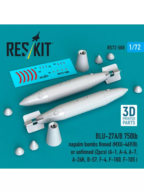 Reskit - BLU-27A/B 750lb napalm bombs finned (MXU-469/B) or unfinned (2pcs) (A-1 A-4 A-7 A-26K B-57 F-4 F-100 F-105 ) (3D Printed)