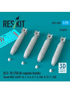   Reskit - BLU-1B (750lb) napalm bombs finned MXU-469/B (4 pcs) (A-1 A-4 A-7 A-26K B-57 F-100) (3D Printed)