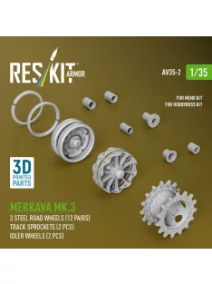   Reskit - Merkava Mk.3 steel road wheels (12 pairs) track sprockets (2 pcs) idler wheels (2 pcs) for Meng/HobbyBoss kit (3D Printed)