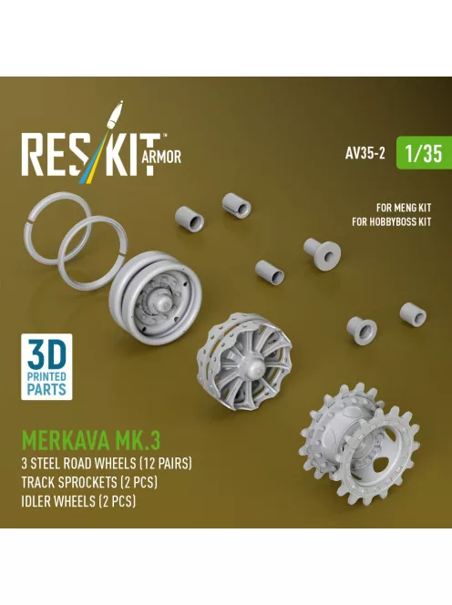Reskit - Merkava Mk.3 steel road wheels (12 pairs) track sprockets (2 pcs) idler wheels (2 pcs) for Meng/HobbyBoss kit (3D Printed)