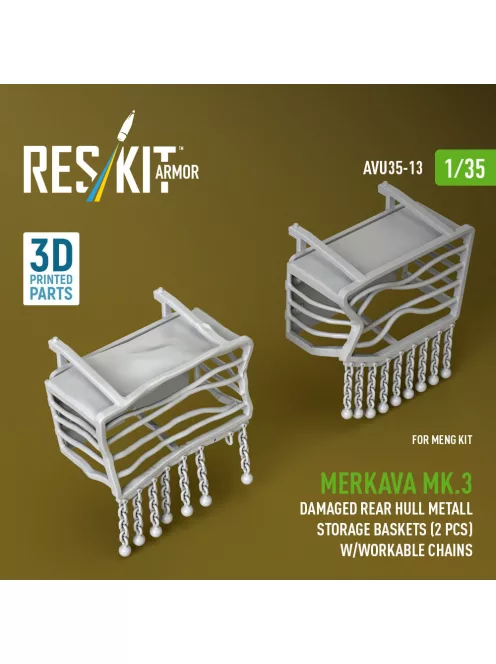 Reskit - Merkava Mk.3 damaged rear hull metall storage baskets (2 pcs) w/workable chains for Meng kit (3D Printed)