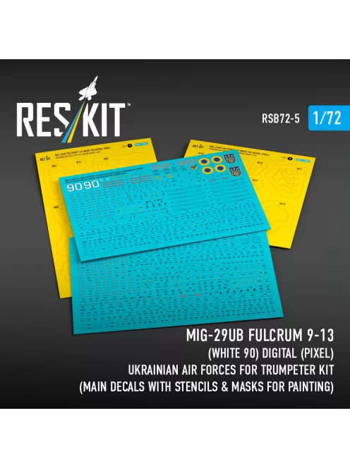 Reskit - MiG-29UB Fulcrum 9-13 (White 90) Digital (Pixel) Ukrainian Air Forces for Trumpeter kit (Main Decals with Stencils & Masks for painting)