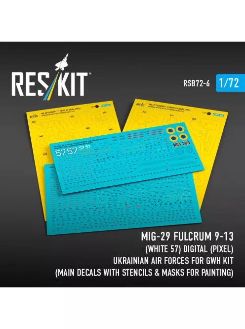 Reskit - MiG-29 Fulcrum 9-13 (White 57) Digital (Pixel) Ukrainian Air Forces for GWH kit (Main Decals with Stencils & Masks for painting)