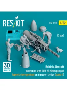   Reskit - British Aircraft mechanics with SUU-23 20mm gun pod (open & close gun bay) on on transport trolley (scene 1) (3 pcs) (3D Printed)