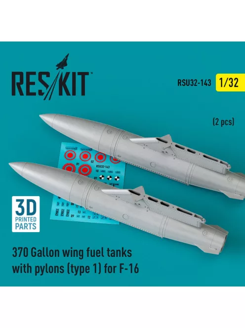 Reskit - 370 Gallon wing fuel tanks with pylons (type 1) for F-16 (A/B/C/D/E/F/I) (2 pcs) (3D Printed)