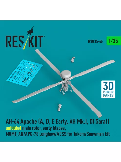 Reskit - AH-64 Apache (A D E Early AH Mk.I DI Saraf) unfolded main rotor early blades MUMT AN/APG-78 Longbow/ADSS for Takom/Snowman kit (3D Printed)