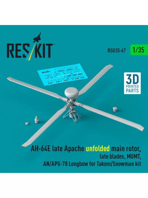 Reskit - AH-64E late Apache unfolded main rotor late blades MUMT AN/APG-78 Longbow for Takom/Snowman kit (3D Printed)