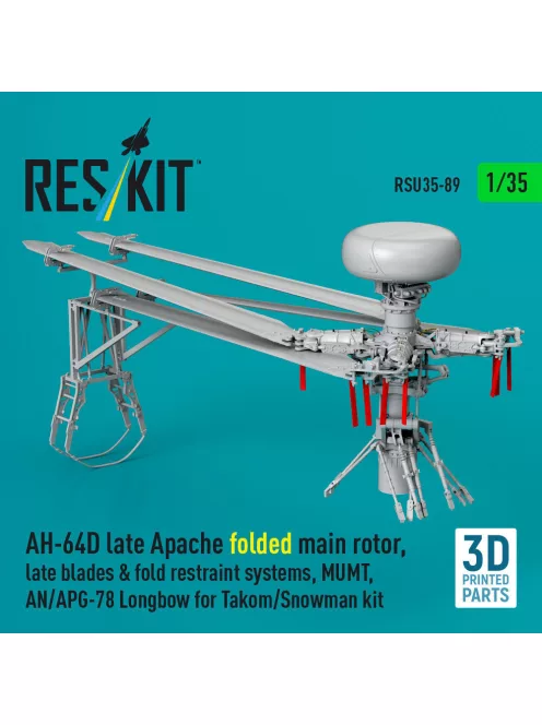 Reskit - AH-64D late Apache folded main rotor late blades & fold restraint systems MUMT AN/APG-78 Longbow for Takom/Snowman kit (3D Printed)