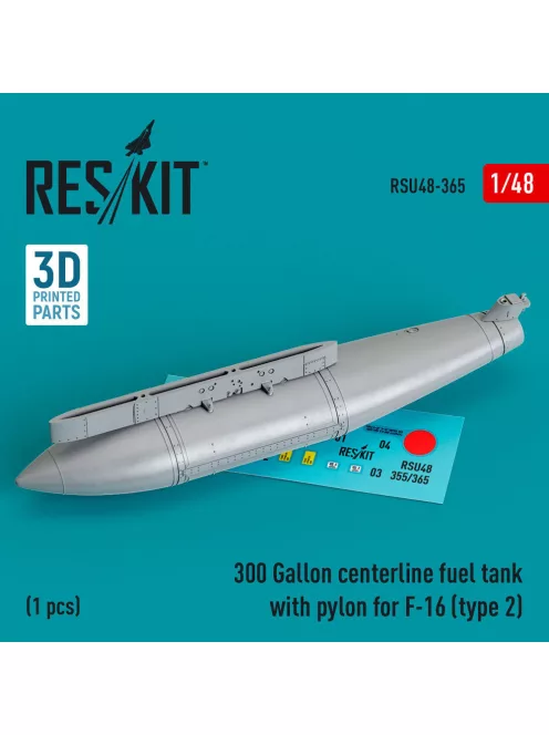 Reskit - 300 Gallon centerline fuel tank with pylon for F-16 (A/B/C/D/E/F/I) (type 2) (1 pcs) (3D Printed)
