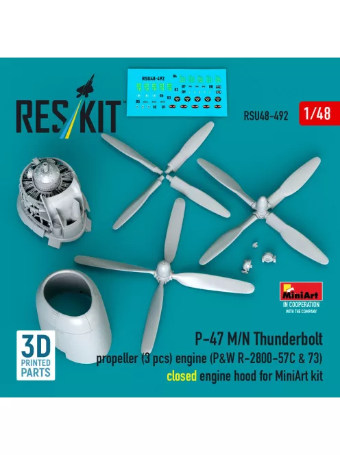 Reskit - P-47 M/N Thunderbolt propeller (3 pcs) engine (P&W R-2800-57C & 73) closed engine hood for MiniArt kit (3D Printed)