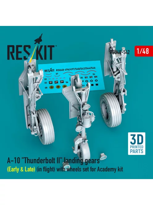 Reskit - A-10 Thunderbolt II landing gears (Early & Late) (in flight) with wheels set for Academy kit (3D Printed)