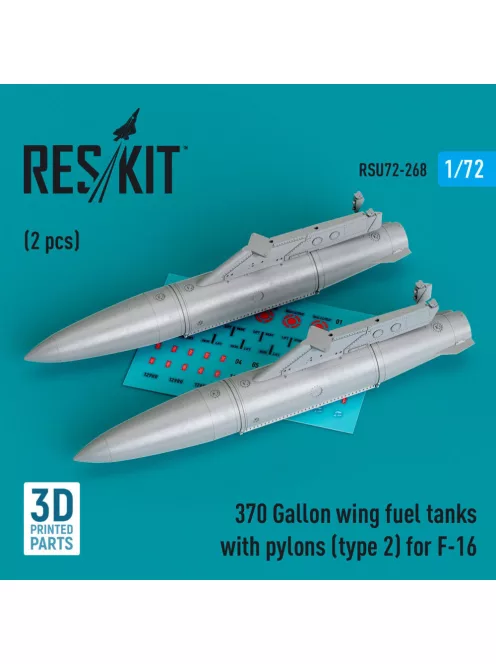 Reskit - 370 Gallon wing fuel tanks with pylons (type 2) for F-16 (A/B/C/D/E/F/I) (2 pcs) (3D Printed)