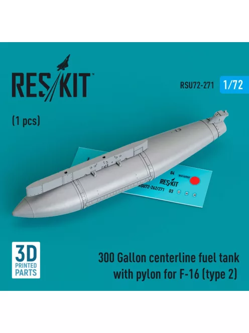 Reskit - 300 Gallon centerline fuel tank with pylon for F-16 (A/B/C/D/E/F/I) (type 2) (1 pcs) (3D Printed)