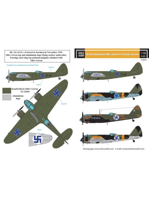 SBS Model - 1/48 Bristol Blenheim Mk.I - Mk.II Finnish Air Force WW II - Decals for Classic Airframes