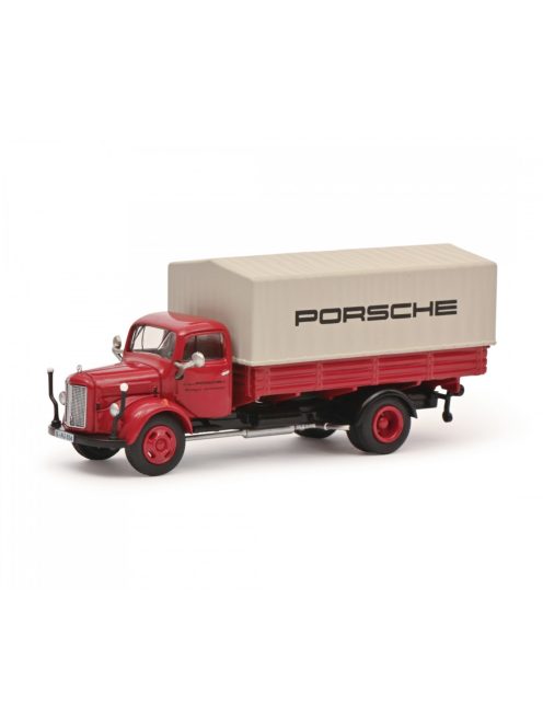 Schuco - Mercedes-Benz L3500 Flatbed Truck With Tarpaulin Porsche Red 1950  - Schuco