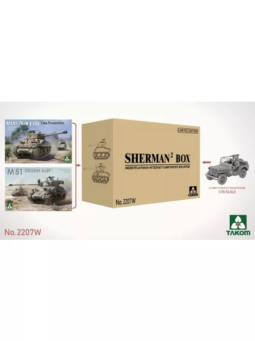 Takom - SHERMAN² BOX M4A1(76W) VVSS Late Production+M51 DEGEM ALEF+US ARMY 1/4TON UTILITY TRUCK & MP FIGURE