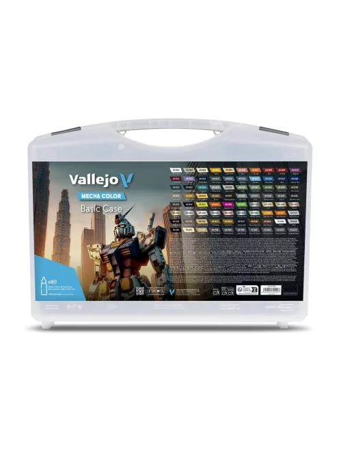 Vallejo - Mecha Color. Includes: 73 Mecha Color 3 Mecha Varnish 1 Airbrush Thinner 1 Airbrush Flow Improver 1 Decal Softener 1 medium and a color chart.